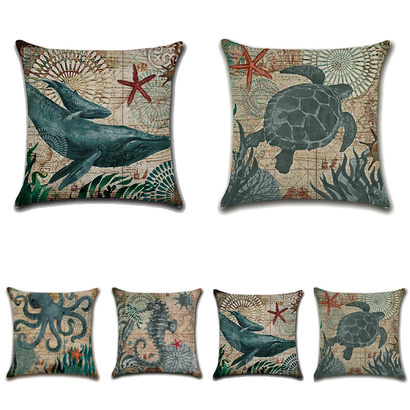 

Marine Ocean Style Sea Turtle Patterns Square Cotton Linen Sea Horse Sofa Throw Cushion Covers Pillow Home Decor