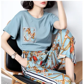 2019 New Spring Summer Fashion Women's Sets O Neck Short Sleeve T-shirts + Printing Casual Long Trousers Female Pants Suits
2019 New Spring Summer Fashion Women's Sets O Neck Short Sleeve T-shirts + Printing Casual Long Trousers Female Pants Suits