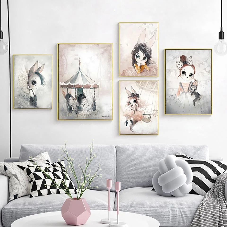 Casa-decoraci-n-n-rdica-pintura-de-la-lona-arte-de-la-pared-de-conejo-Ni