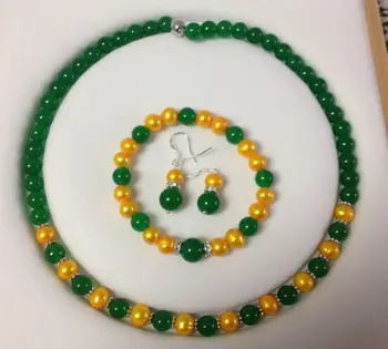 Hot new fashion style 8-8.5MM Golden Akoya Cultured Pearl/Green jades chalcedony necklace Bracelet Earrings Set BV221
Hot new fashion style 8-8.5MM Golden Akoya Cultured Pearl/Green jades chalcedony necklace Bracelet Earrings Set BV221