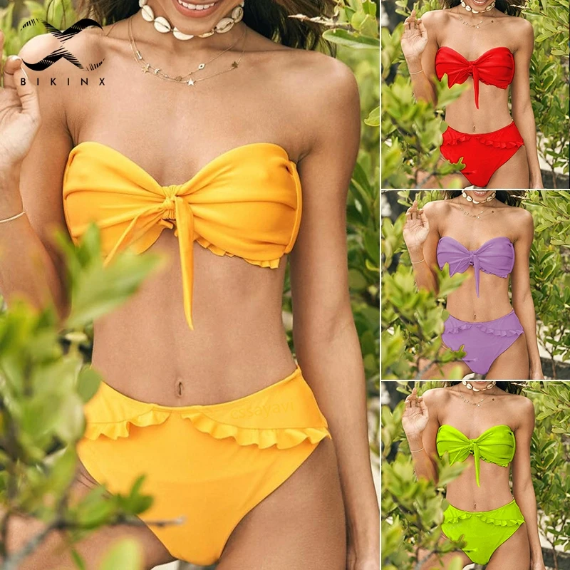 Bikinx Купальник бандо женский купальник бикини на завязках 2019 mujer оборки купальный
