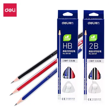 Deli HB Pencils Pupil Writing Stationery 2B Triangular Wooden Lead Pencil with Eraser Children Rubber Head Pencil Writing Supply