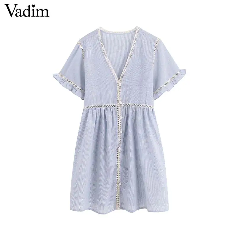 Vadim women elegant blue striped V neck mini dress short sleeve hollow out patchwork cuff ruffles female stylish dresses QC327
Vadim women elegant blue striped V neck mini dress short sleeve hollow out patchwork cuff ruffles female stylish dresses QC327