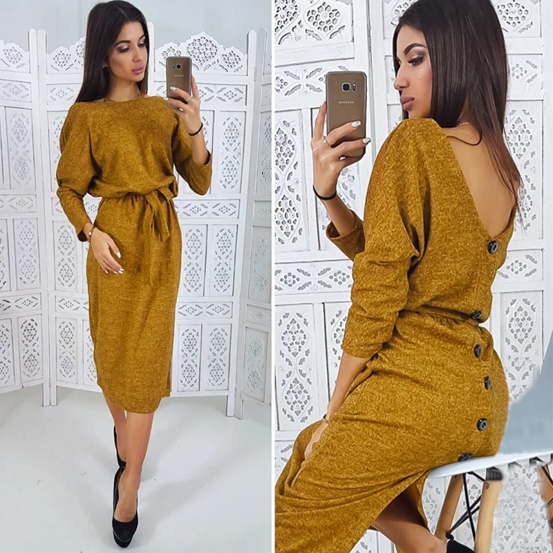 Women's sexy backless button dress ladies O-neck belt A dress 2019 spring and autumn new solid color casual long-sleeved dress
Women's sexy backless button dress ladies O-neck belt A dress 2019 spring and autumn new solid color casual long-sleeved dress
