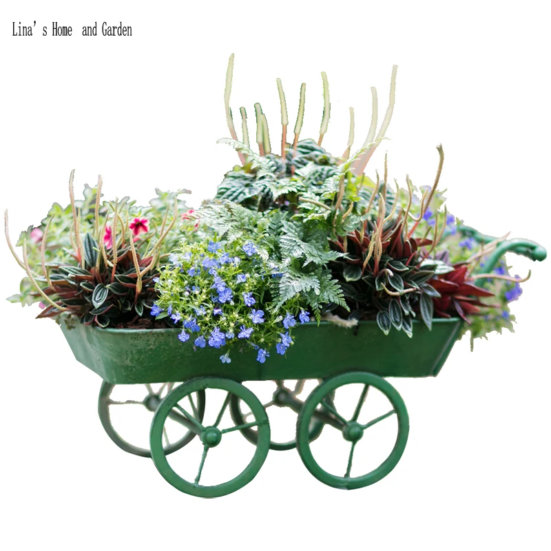 hand made antique retro green metal flower cart planters (5)