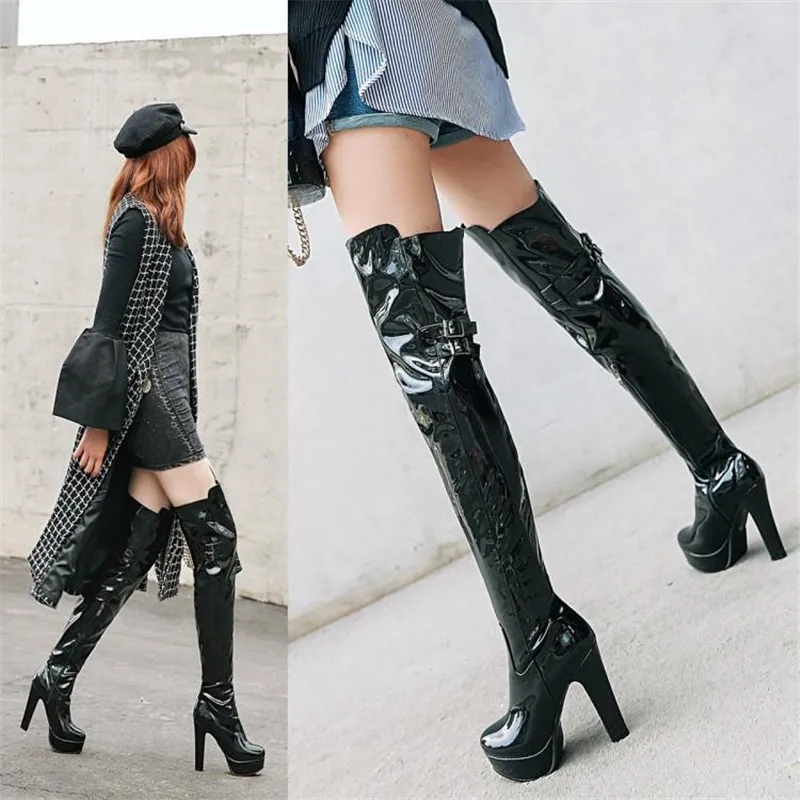 Autumn Winter Patent Leather Over The Knee Boots Big Size 43 Platform Women's Boots 12cm High-heeled Pole Dance Thigh High Boots (16)