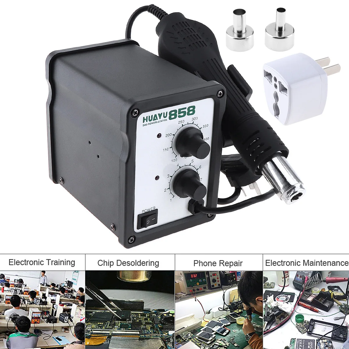 Multifunction 110V Hot-Air Desoldering Station with Table Type and Helical Wind for Drying / Paint Removal / Unfreeze
Multifunction 110V Hot-Air Desoldering Station with Table Type and Helical Wind for Drying / Paint Removal / Unfreeze