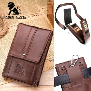 

LAOSHIZI LUOSEN MEN'S Genuine Leather Shoulder Messenger belt Bags Small Flap phone card holder waist bag belt Male waist packs