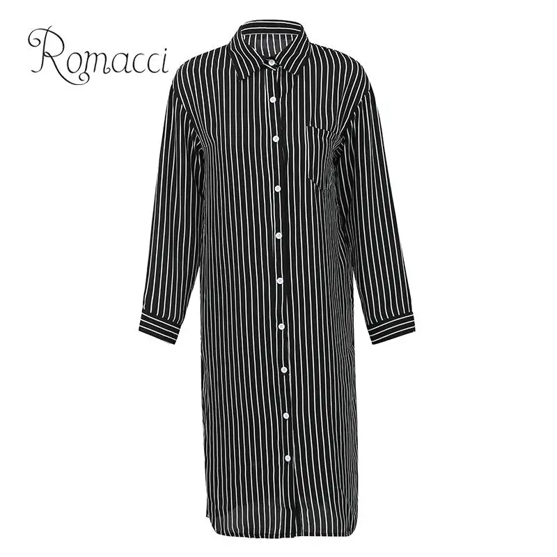 Фото Romacci Women Striped Long Sleeve Shirt Turn-Down Collar Plus Size Kimono Cardigan Autumn Fashion Oversized Tunic Blouse Tops | Женская
