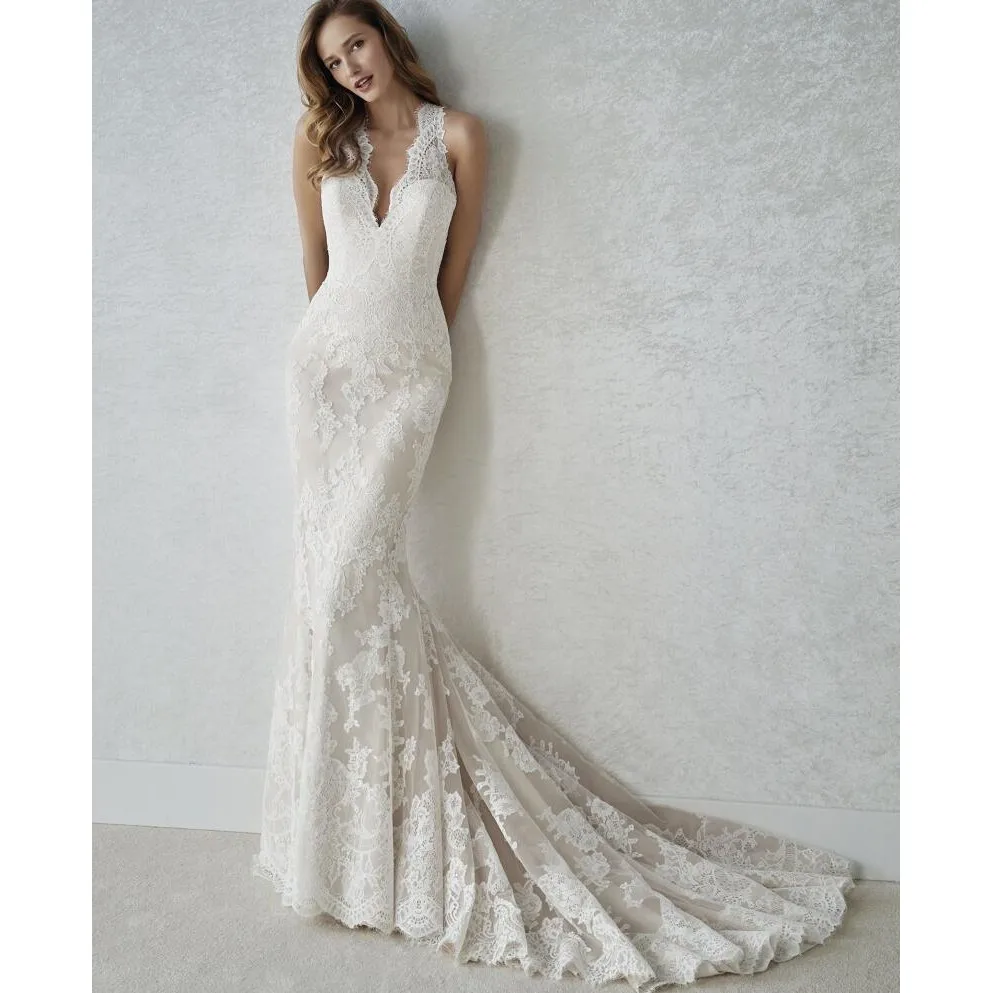 Sexy Lace Mermaid Deep V Neck Wedding Dress Sleeveless Formal Bridal Gown Botton Back Long Fishtail Wedding Dress Robe De Soiree
Sexy Lace Mermaid Deep V Neck Wedding Dress Sleeveless Formal Bridal Gown Botton Back Long Fishtail Wedding Dress Robe De Soiree