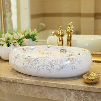 Gold Drawing Chrysanthemum pattern Oval Bathroom Cloakroom Europe Art wash basin Ceramic vessel Counter Top Wash Basin Bath oval
Gold Drawing Chrysanthemum pattern Oval Bathroom Cloakroom Europe Art wash basin Ceramic vessel Counter Top Wash Basin Bath oval