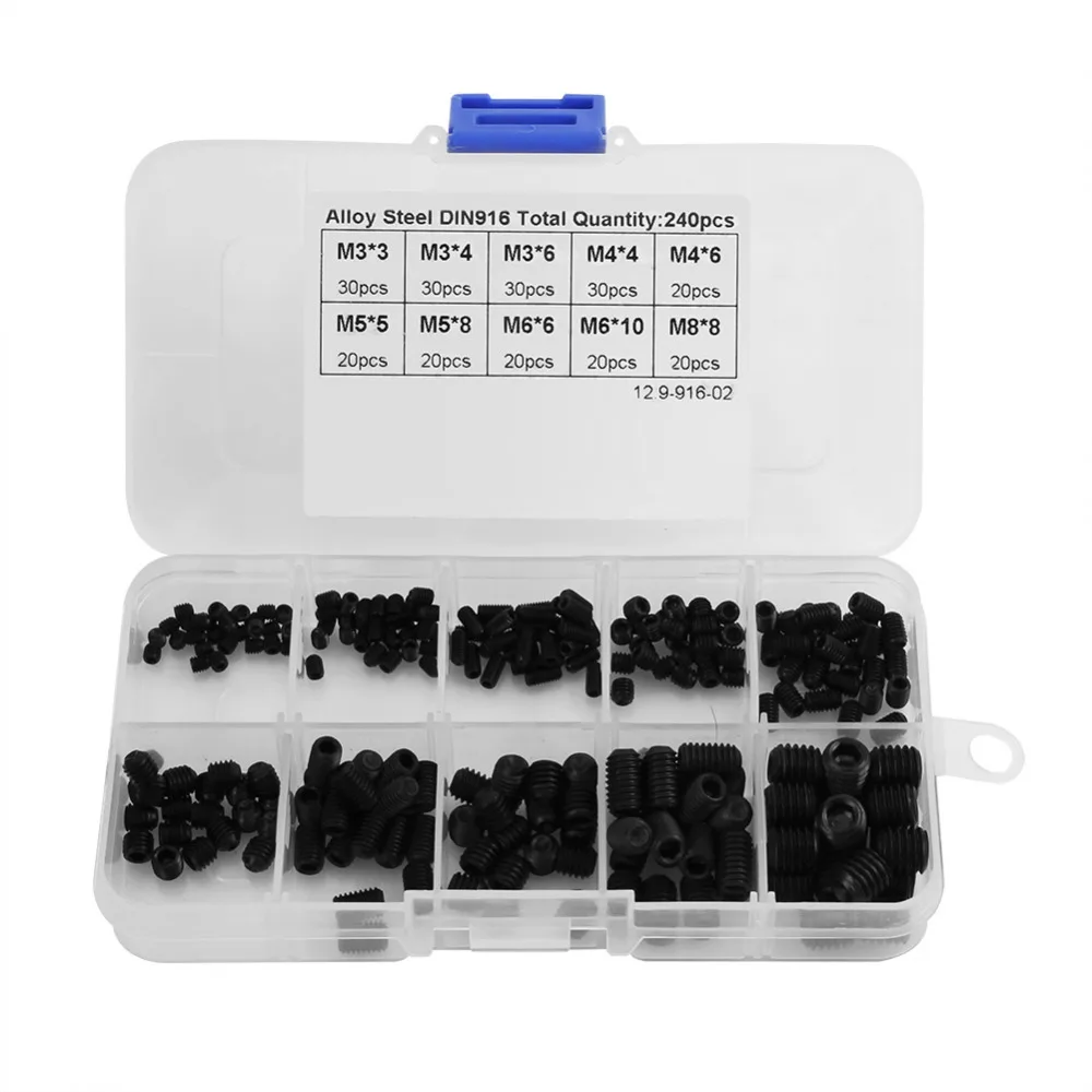 240pcs/set Socket Screw Assortment Allen Head Socket Hex Set Grub Screw Box Kit DIN916 M3-M8
240pcs/set Socket Screw Assortment Allen Head Socket Hex Set Grub Screw Box Kit DIN916 M3-M8