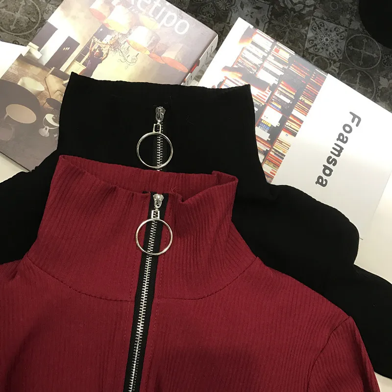 Harajuku Vintage Circle Ring Long Sleeve Tee Turtleneck Zipper Knitted Pullover 121116 16