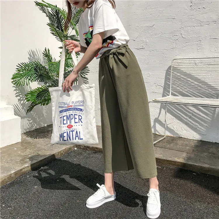 Plus Size - Casual Elastic Waist Loose Wide Leg Pants Preppy Style Trousers Female Palazzo Pants (Us 18W-20W)