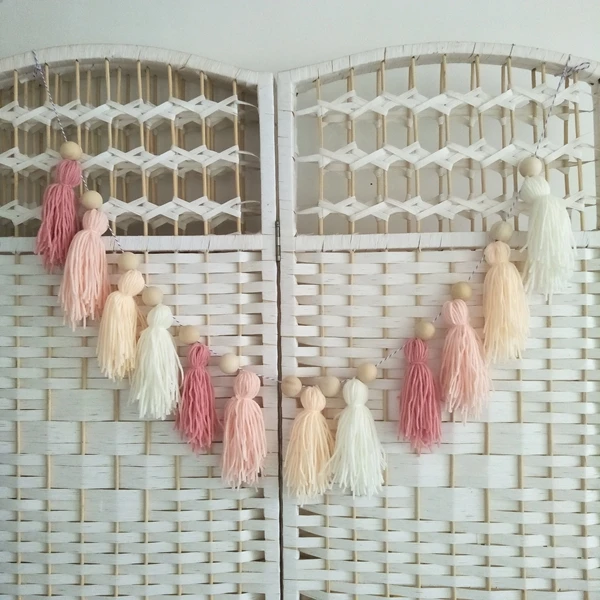 

Sweet Dust Pink Yarn Tassel Garlands For Baby Girls Room Wall Hanging Art Princess Pink Themed Party Reserve Table Buntings