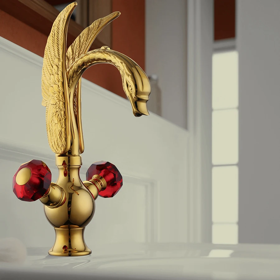Free ship Gold finish PVD bathroom wash basin sink swan mixer faucet red crystal double handles Single hole
Free ship Gold finish PVD bathroom wash basin sink swan mixer faucet red crystal double handles Single hole