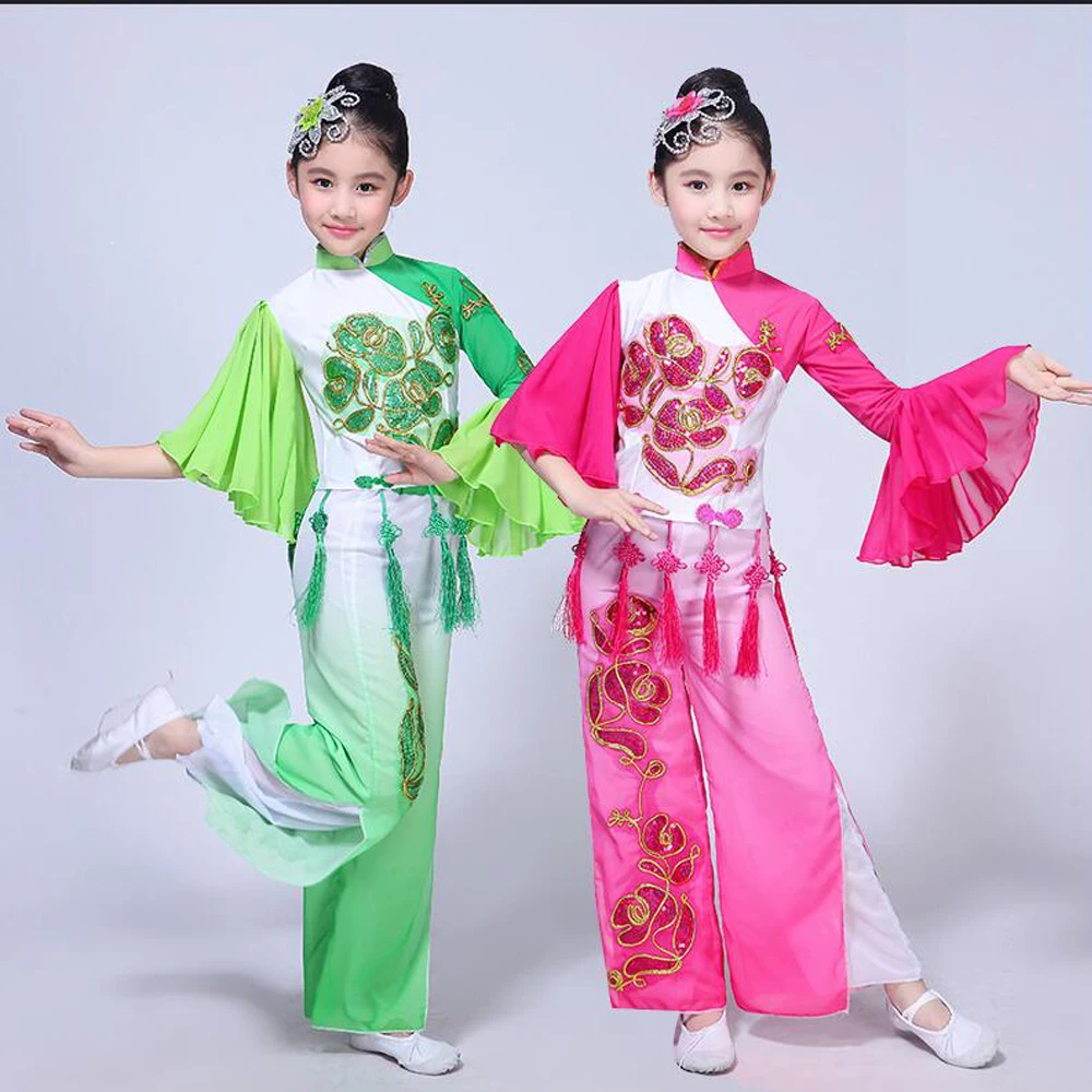 Детский костюм для китайских народных танцев зелено розовый Янко детская