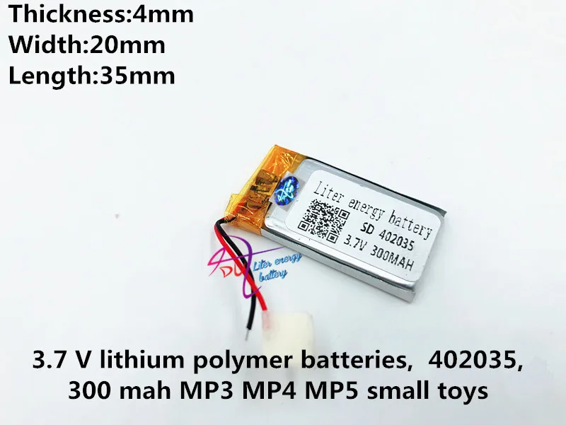3.7 V lithium polymer batteries, 402035, 300 mah MP3 MP4 MP5 Bluetooth speaker small toys batteries
3.7 V lithium polymer batteries, 402035, 300 mah MP3 MP4 MP5 Bluetooth speaker small toys batteries