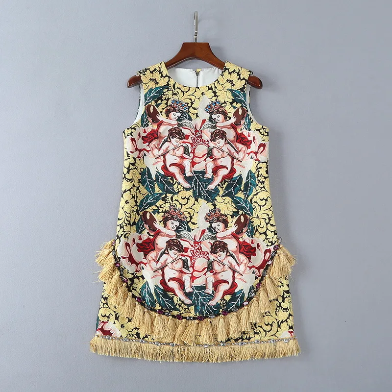 2018 Summer Runway Dress yellow O Neck Sleeveless Jacquard Angel Print Dianmond Tassel Short Jumper Women's Dress 5182
2018 Summer Runway Dress yellow O Neck Sleeveless Jacquard Angel Print Dianmond Tassel Short Jumper Women's Dress 5182