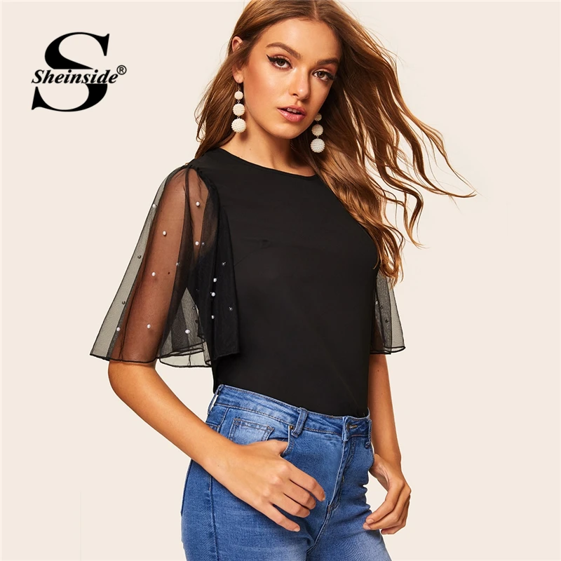 Sheinside Pearls Beaded Mesh Bell Sleeve Top Blouse 2019 Office Ladies OL Work Summer Tops For Women Black Elegant Blouses
Sheinside Pearls Beaded Mesh Bell Sleeve Top Blouse 2019 Office Ladies OL Work Summer Tops For Women Black Elegant Blouses