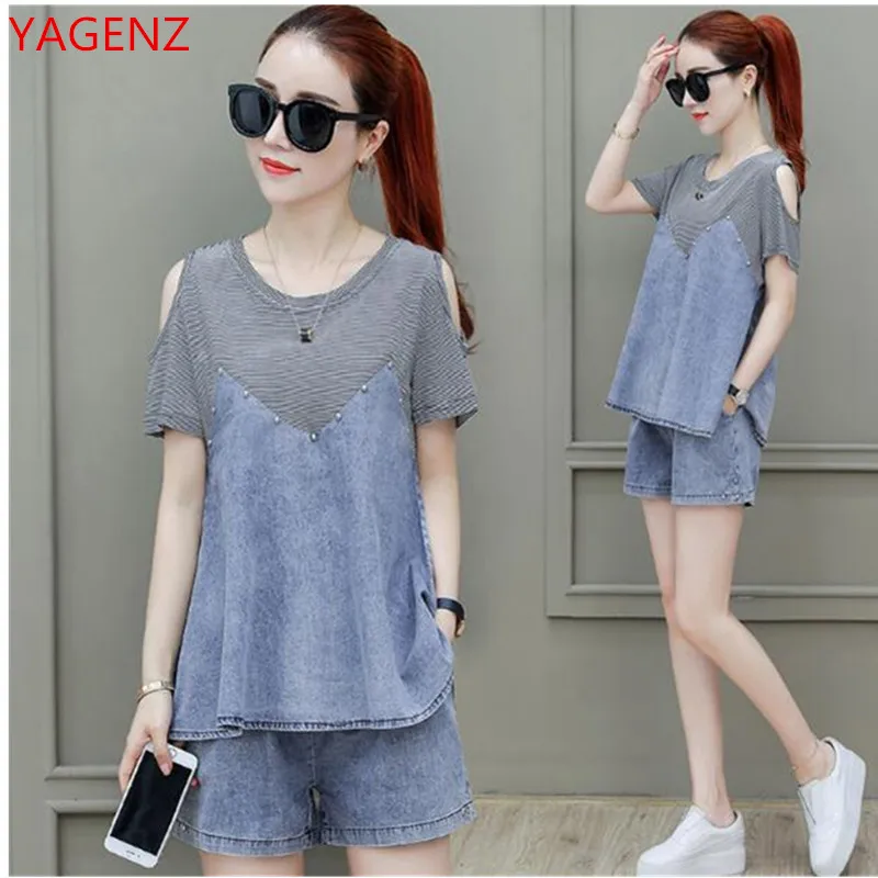 Summer clothing New Leisure cowboy Stitching Tops Fashion Women's suit Two piece set top and pants Plus size Elegant Women 1675
Summer clothing New Leisure cowboy Stitching Tops Fashion Women's suit Two piece set top and pants Plus size Elegant Women 1675