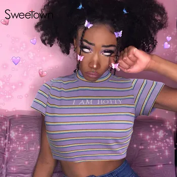 Sweetown Short Sleeve Cute Striped T Shirt Women Streetwear Slim Sexy O-Neck Womens Tshirts Letter Print` Summer Tee Shirt
Sweetown Short Sleeve Cute Striped T Shirt Women Streetwear Slim Sexy O-Neck Womens Tshirts Letter Print` Summer Tee Shirt