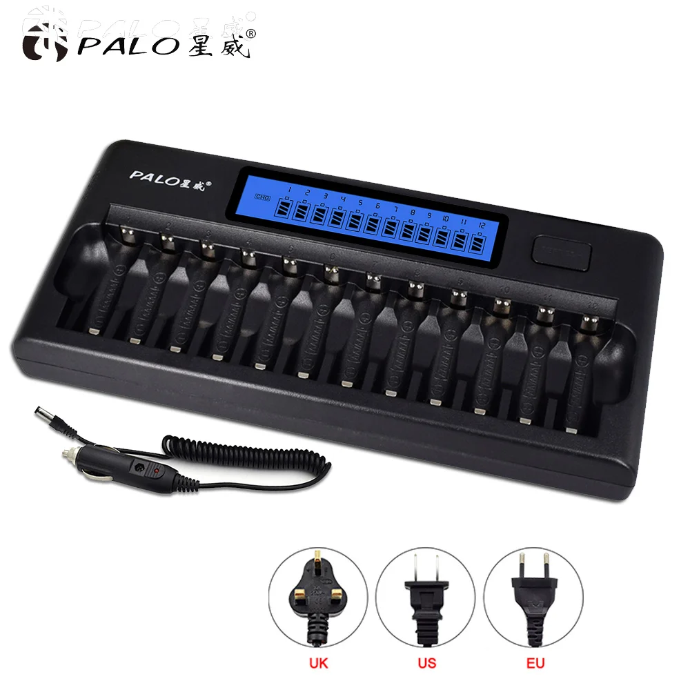 

PALO 12 slots Smart Quick LCD Display Battery Charger For 1.2V AA AAA NI-MH NI-CD Rechargeable batteries Use With Car Charger