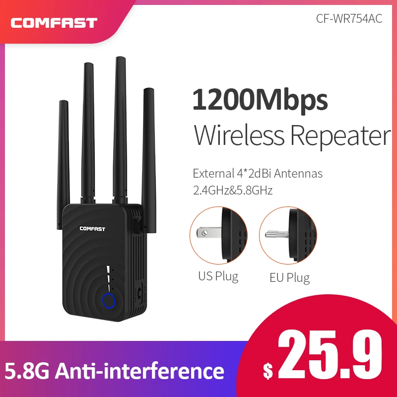 Comfast 1200Mbps Wireless Wifi extender Wifi Repeater/Router Dual Band 2.4&5.8G 4*2dBi Wi fi Antenna long Range Signal Amplifier
Comfast 1200Mbps Wireless Wifi extender Wifi Repeater/Router Dual Band 2.4&5.8G 4*2dBi Wi fi Antenna long Range Signal Amplifier