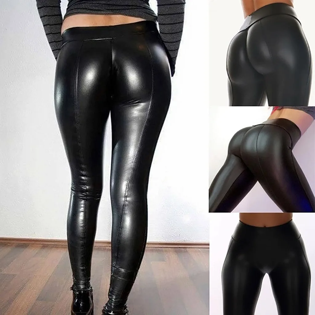 

New Hot sale Women's Solid Workout Leggings Fitness Sports Leather Pants Athletic Pants Seamless Tummy Control spodnie damskie