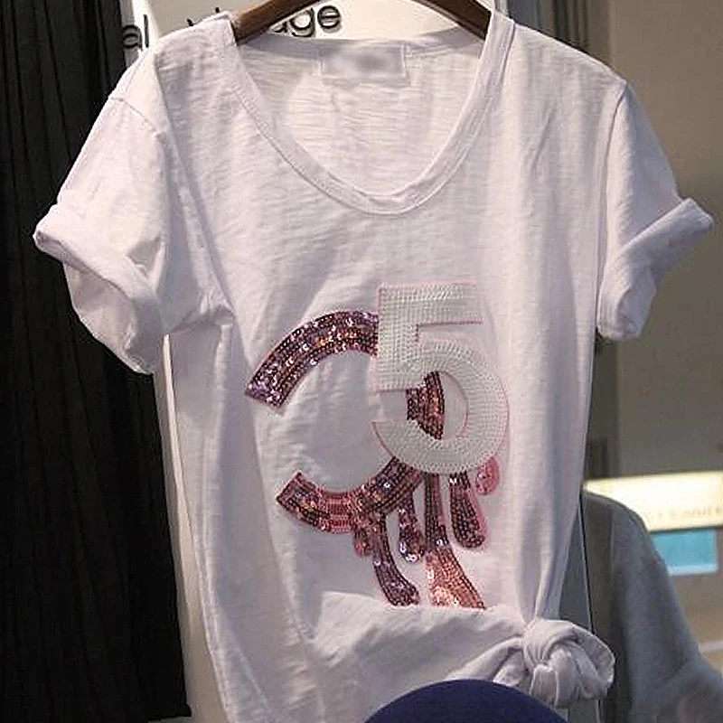 new fashion women summer short sleeve V-Neck pure Slub cotton white t-shirt female girls Letter Sequins pullover shirts tops
new fashion women summer short sleeve V-Neck pure Slub cotton white t-shirt female girls Letter Sequins pullover shirts tops
