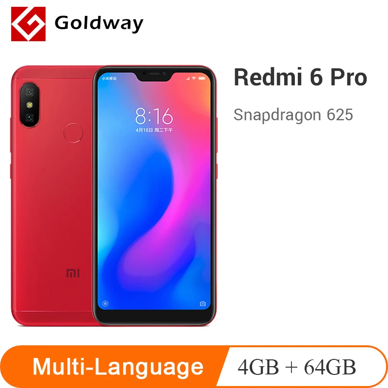 

Original Xiaomi Redmi 6 Pro Mobile Phone 4GB RAM 64GB ROM Snapdragon 625 Octa Core 5.84" 19:9 Full Screen Dual AI Camera 4000mA