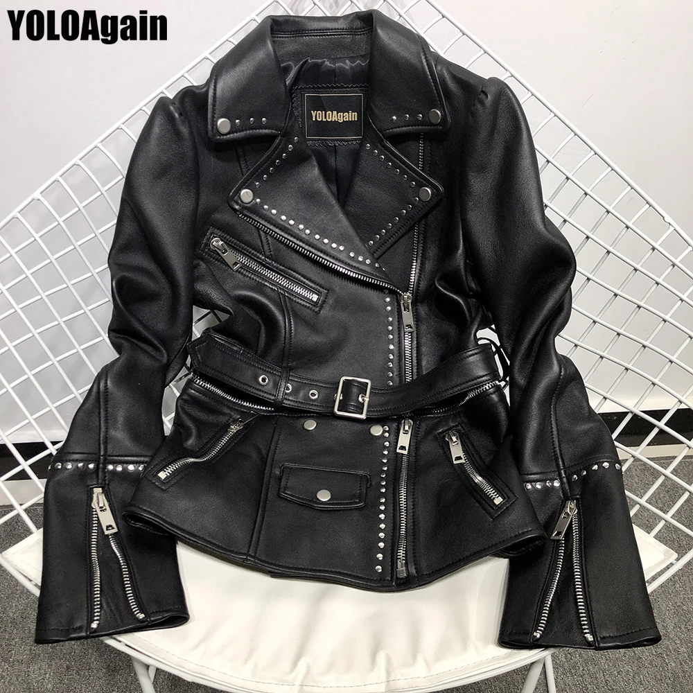 YOLOAgain Women genuine leather jacket ladies quality rivet black real sheepskin jacket with belt
YOLOAgain Women genuine leather jacket ladies quality rivet black real sheepskin jacket with belt