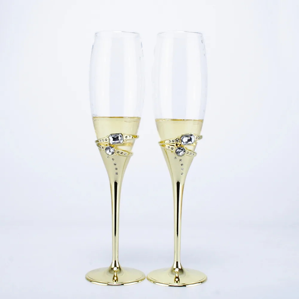 Image Top Grade Gold Goblets with 2 pcs Bright Diamond Gold Glassware set for wedding Gold Crystal Wedding Tosting Flutes gold steem