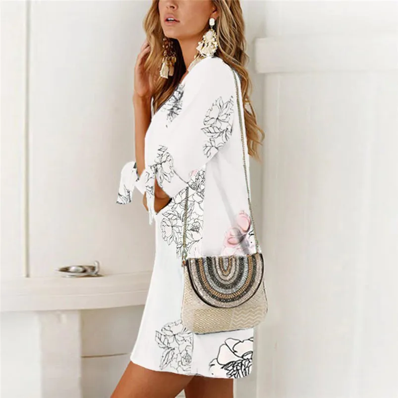 Fashion summer dress 2018 beach dress Women Summer Half Sleeve Bow Bandage Floral Striaght Casual Short Mini Dress robe J08#N (3)