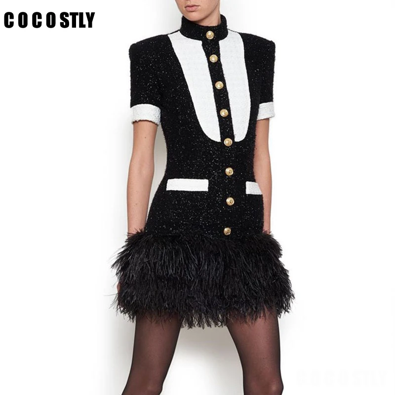 Tweed Women Winter Dress Black White Patchwork Feather Spliced Dresses Round Neck Short Sleeve Gold Button Slim Dress Female
Tweed Women Winter Dress Black White Patchwork Feather Spliced Dresses Round Neck Short Sleeve Gold Button Slim Dress Female