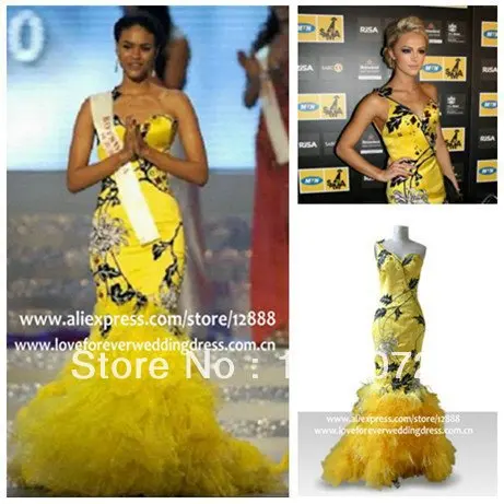 Real Model Yellow One Shoulder Mermaid Feather Celebrity Evening Dress 2012 | Свадьбы и торжества