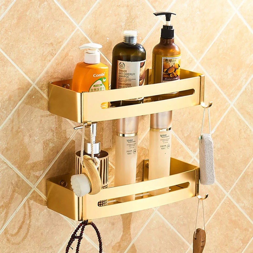 Gold Bathroom Shelves Rectangle Shower Caddy Space Aluminum Shelf with Two Hooks Wall Mounted 1/2/3 Tier Storage Self Adhesive
Gold Bathroom Shelves Rectangle Shower Caddy Space Aluminum Shelf with Two Hooks Wall Mounted 1/2/3 Tier Storage Self Adhesive