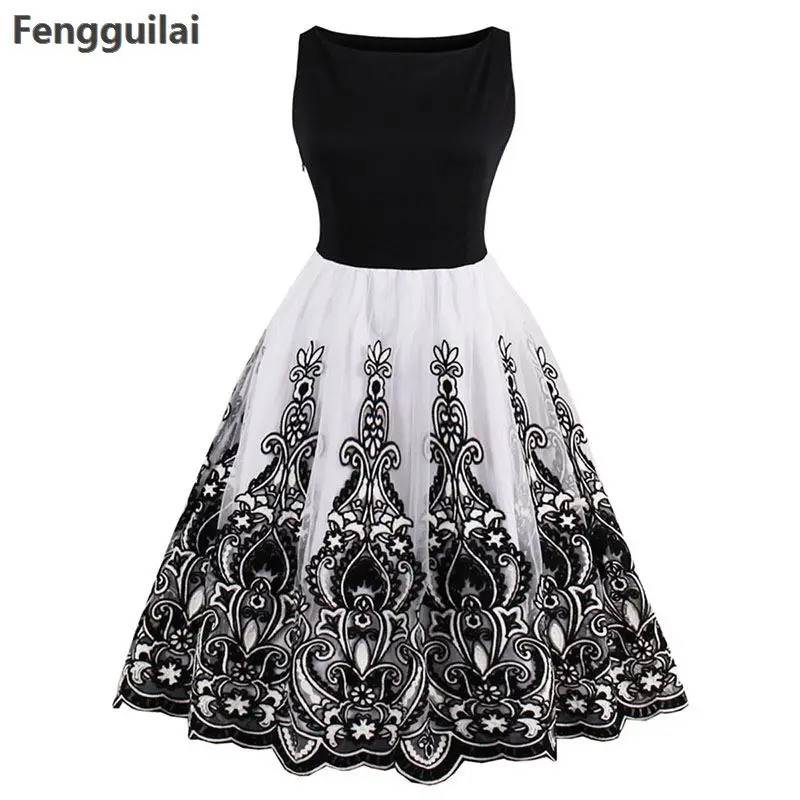 Summer Vintage Dress O Neck Knee Length Black Patchwork Pin Up Party Dress Elegant Zippers Empire Female Retro Dresses
Summer Vintage Dress O Neck Knee Length Black Patchwork Pin Up Party Dress Elegant Zippers Empire Female Retro Dresses