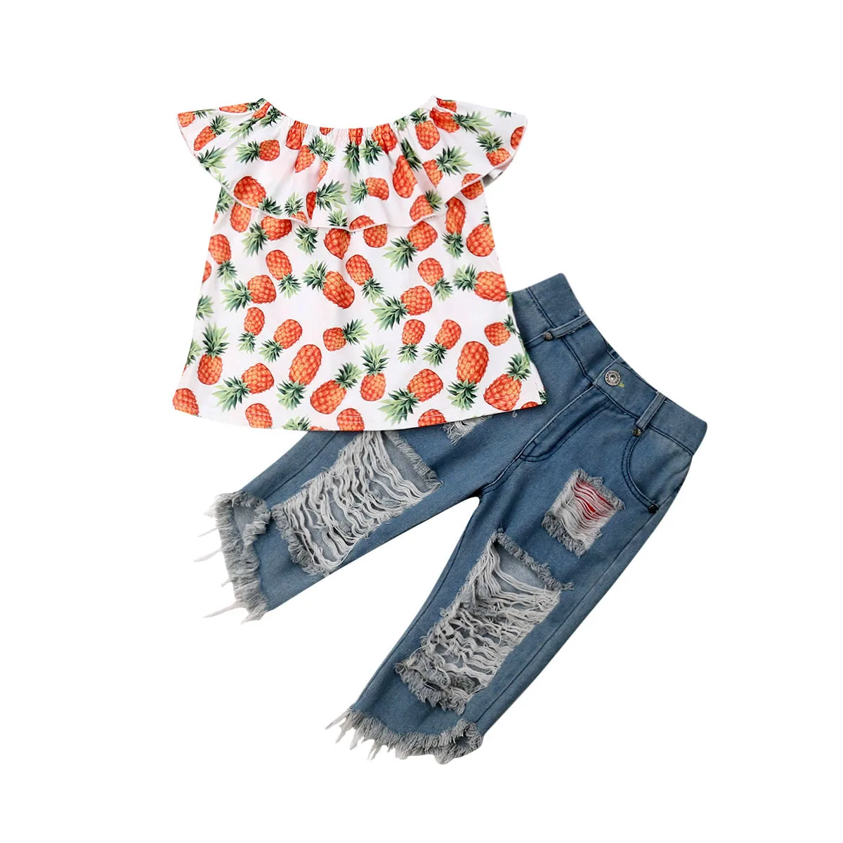 2PCS Toddler Kids Girls Off Shoulder Pineapple Print T-shirt Tops + Denim Jeans Pants Outfits Set
2PCS Toddler Kids Girls Off Shoulder Pineapple Print T-shirt Tops + Denim Jeans Pants Outfits Set