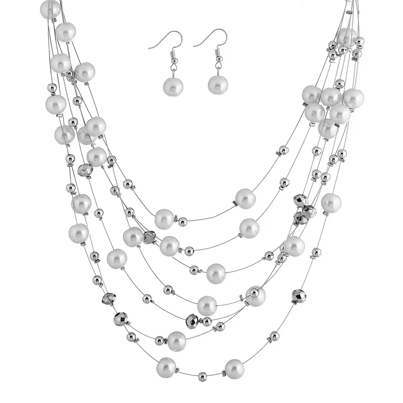 New High-end Vintage Elegant Pearl Multi-layer Earrings Necklace Set Exquisite Noble Girl | Украшения и аксессуары