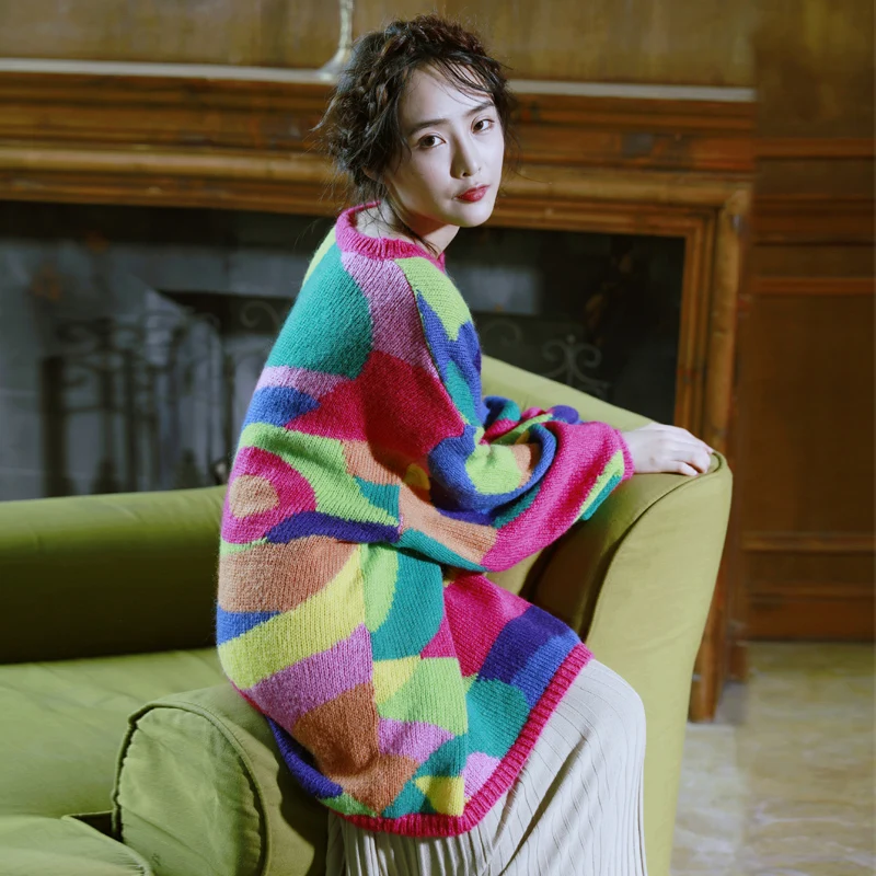 LYNETTE'S CHINOISERIE Autumn Winter Women Colorful color block medium-long pullover loose casual thermal wool sweater dress
LYNETTE'S CHINOISERIE Autumn Winter Women Colorful color block medium-long pullover loose casual thermal wool sweater dress