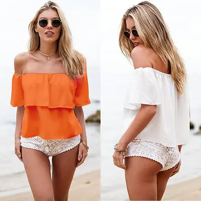 Image Blouses Promotion Polyester Fashion None Short Plus Size 2017 Sexy Women Off Shoulder Low Back Peasant Chiffon Shirt Blouse Top