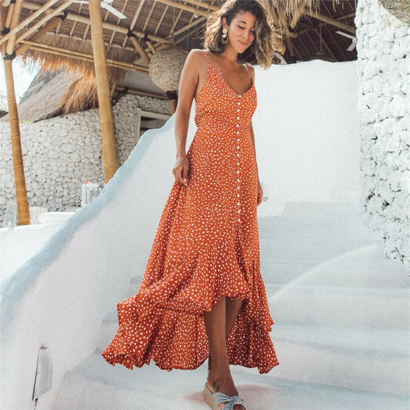 2019 New Summer beach sundress Fashion Polka dot print Sleeveless V Neck flared long dresses Casual holiday ruffles vestidos New
2019 New Summer beach sundress Fashion Polka dot print Sleeveless V Neck flared long dresses Casual holiday ruffles vestidos New