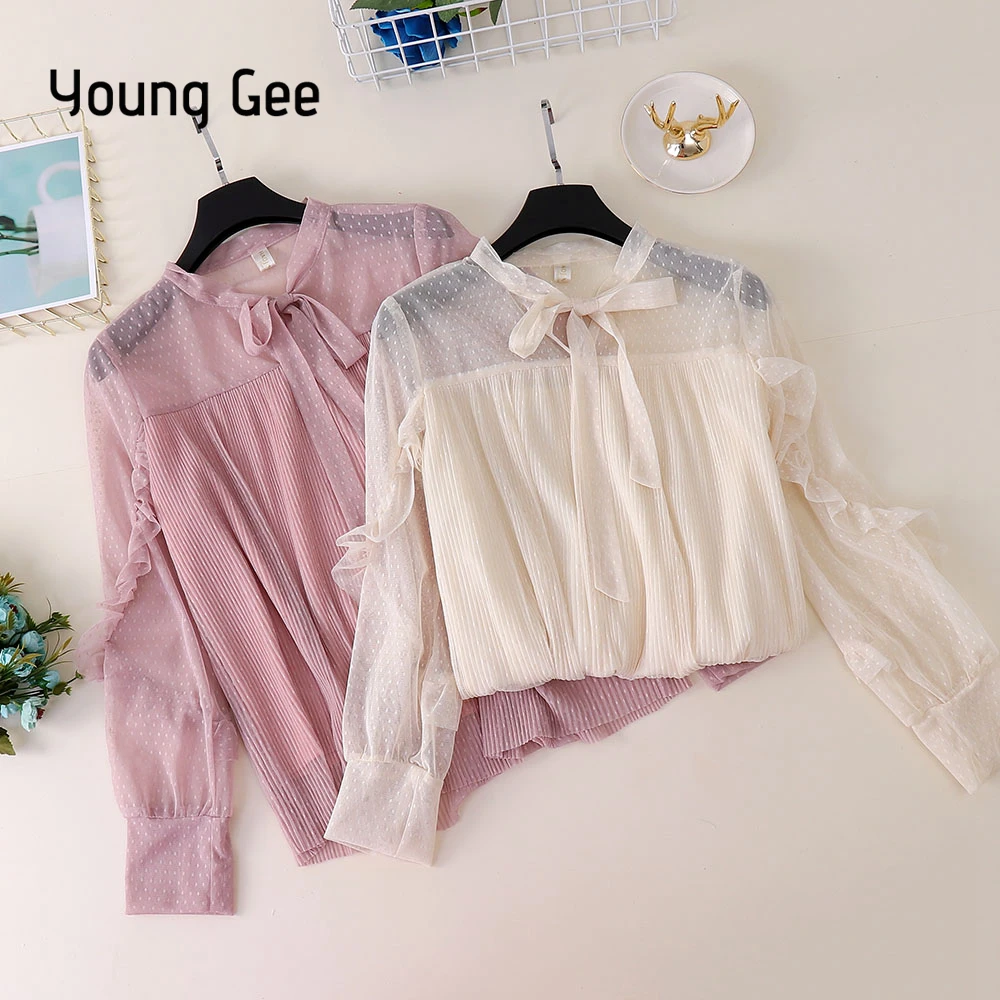Young Gee Lantern Sleeve Shirts 2019 Spring Autumn Blouse Women Sexy Sheer Mesh Polka Dots Lace Blouses Bow Collar Tops blusas
Young Gee Lantern Sleeve Shirts 2019 Spring Autumn Blouse Women Sexy Sheer Mesh Polka Dots Lace Blouses Bow Collar Tops blusas