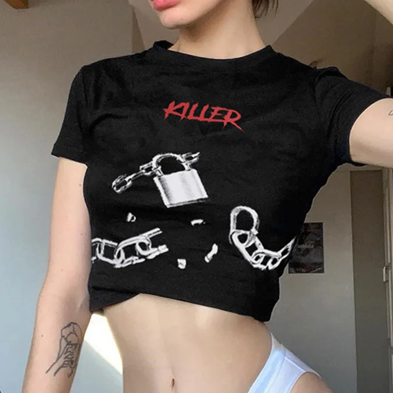 Women's Letter Print O-neck Black Sexy Short Sleeve Shirt Crop Tops Tees Harajuku Punk Rock 2019 Fashion Summer Ladies Shirts
Women's Letter Print O-neck Black Sexy Short Sleeve Shirt Crop Tops Tees Harajuku Punk Rock 2019 Fashion Summer Ladies Shirts