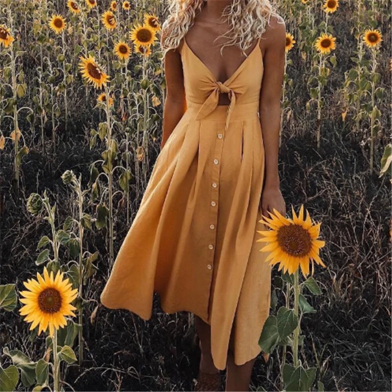Women's Dress Summer Sleeveless Dresses Clothing Yellow Bow Buttons Evening Party Dress New Beach Sundress Ladies Summer Clothes
Women's Dress Summer Sleeveless Dresses Clothing Yellow Bow Buttons Evening Party Dress New Beach Sundress Ladies Summer Clothes
