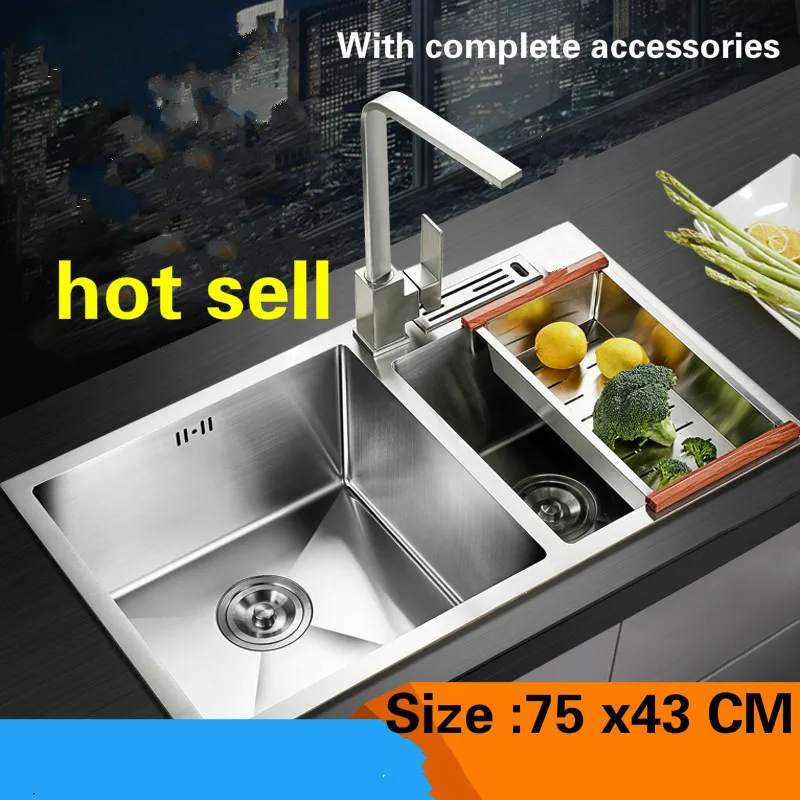 

Free shipping Manual double groove 304 stainless steel food grade durable ordinary hot sell 3 mm thick kitchen sink 75 x43 CM