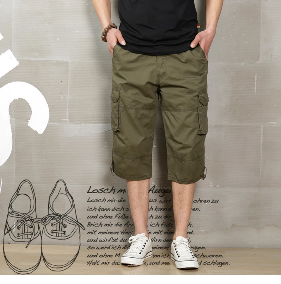 Summer Tooling Pants Thin Loose Calf-Length Pants Men's Pockets Pants Outdoor Leisure Sports Cropped Trousers Male (1)