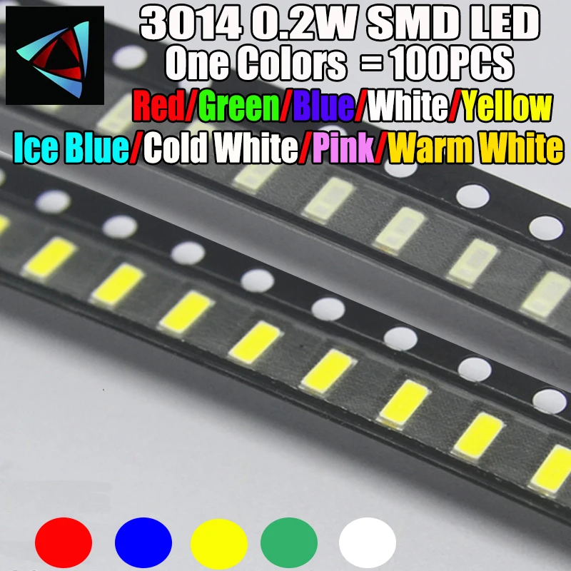 100pcs New 3014 0.2W 3.0 * 1.4 MM 2.0-3.2V Red/Green/Blue/White/Yellow Ice Blue/Cold White/Pink/Warm White SMD LED kit
100pcs New 3014 0.2W 3.0 * 1.4 MM 2.0-3.2V Red/Green/Blue/White/Yellow Ice Blue/Cold White/Pink/Warm White SMD LED kit