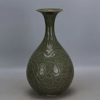

antique SongDynasty porcelain vase,Yaozhou kiln peony bottle,hand-carved crafts,Decoration,collection &Adornment,Free shipping